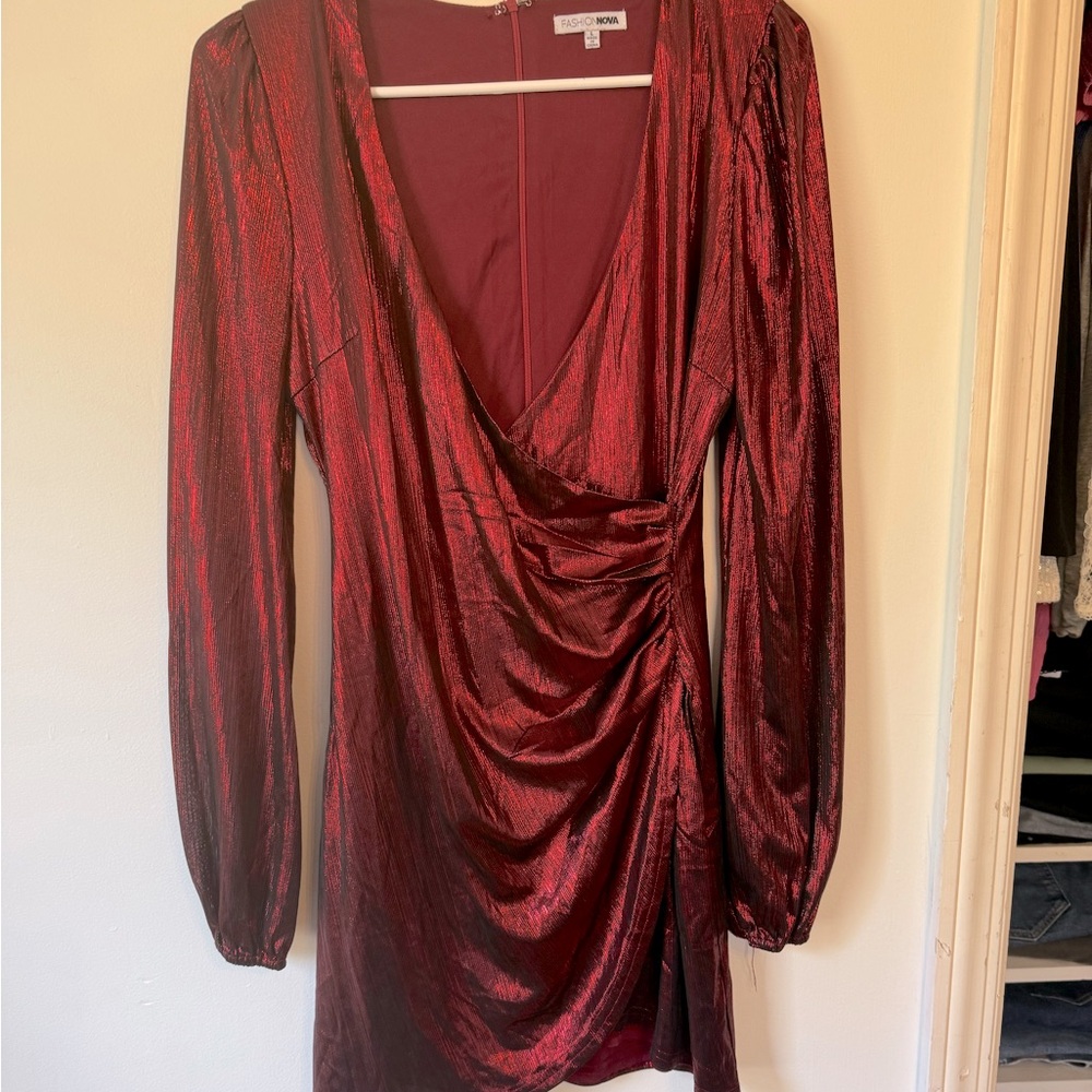 Red, low cut, long sleeve, mini dress